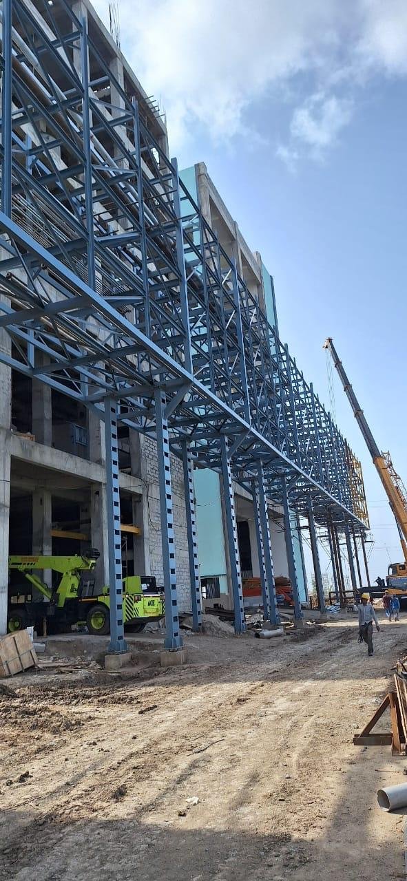 Large steel structure under construction at an industrial project